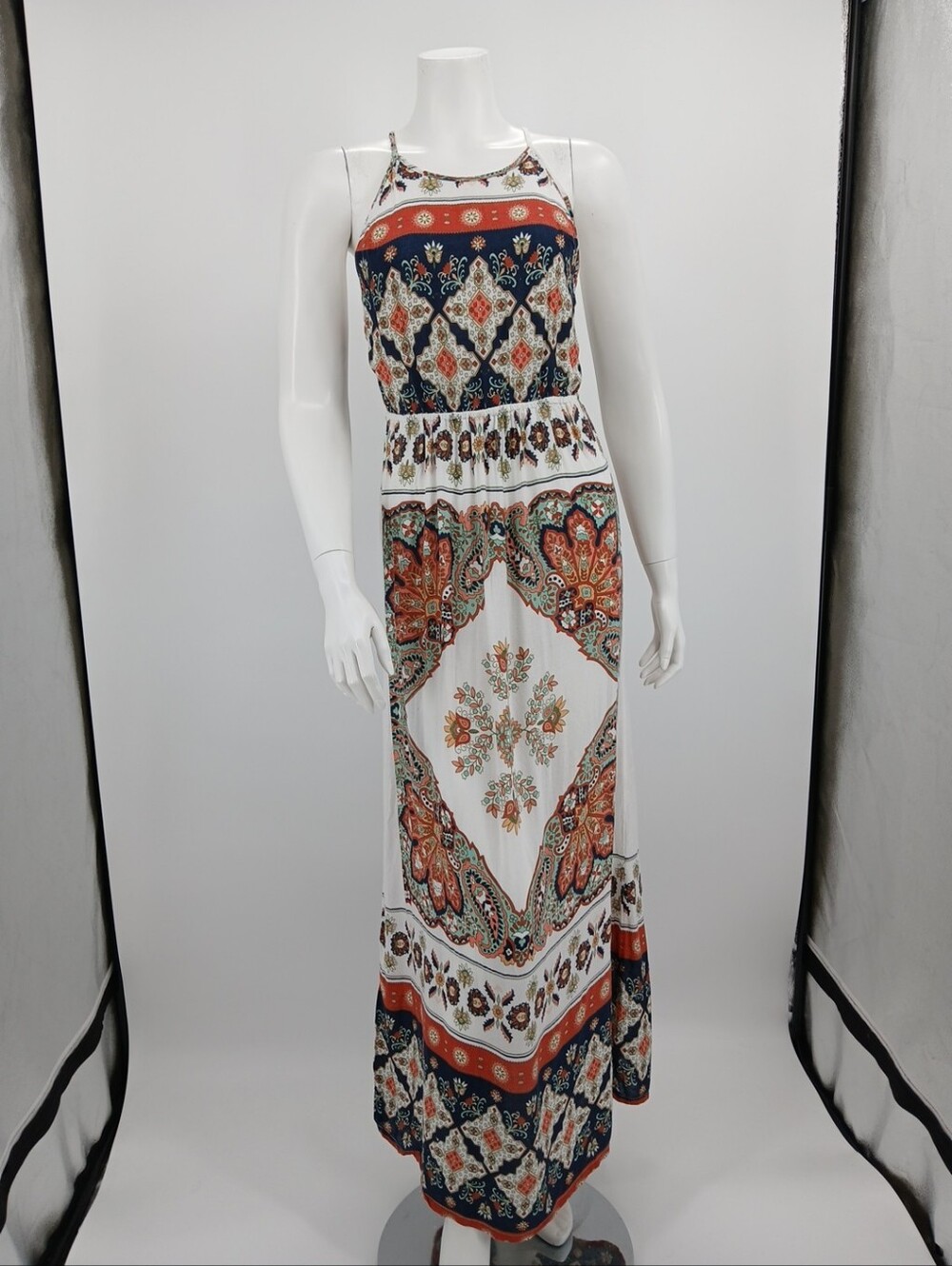 Roxy Bohemian White Maxi Dress with Navy & Rust Print Size S